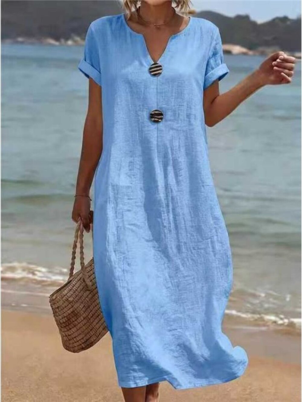 Women's Light Blue V-Neck Short-Sleeve Relaxed Linen-Look Maxi Dress